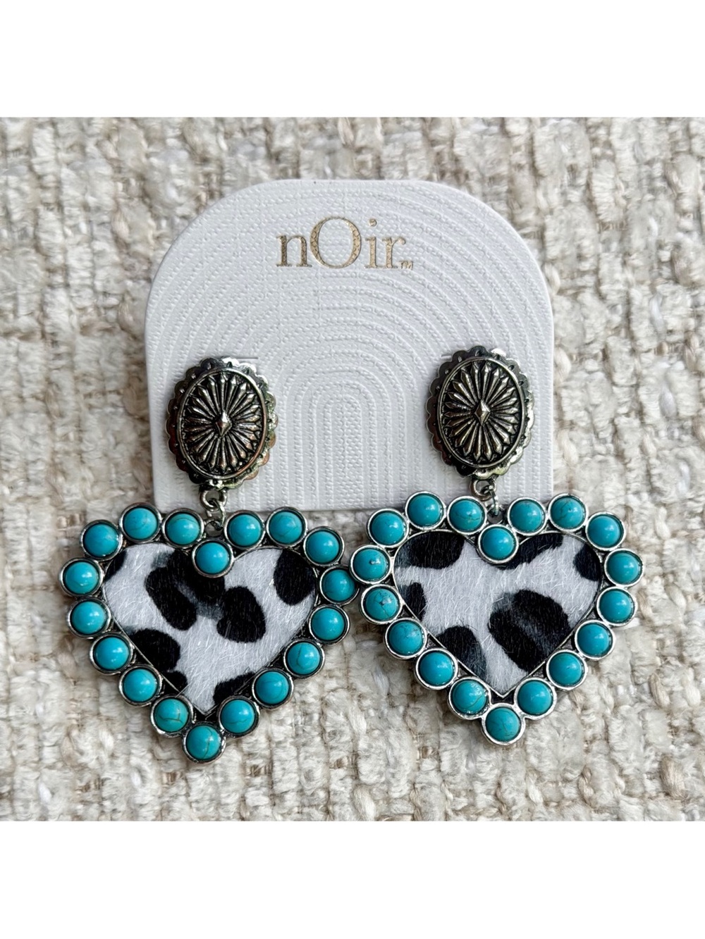 nOir Cow Print Faux Fur Silver Heart Drop Earrings Turquoise Western Cowgirl New